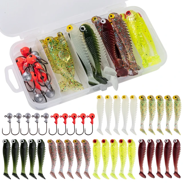 40pcs/Box Silicone Lure Rubber Worm Grubs T-Tail Pike Crochet Kit
