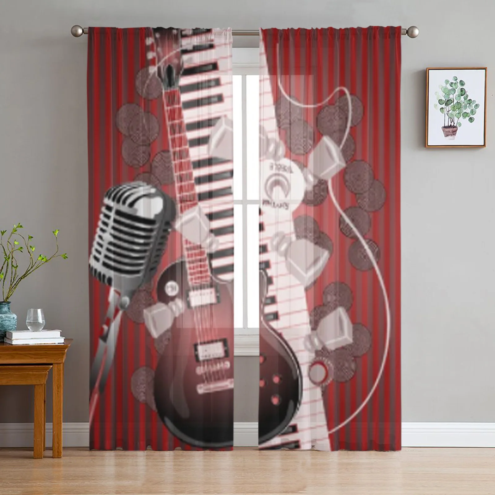 Music Guitar Rock Retro Red Sheer Window Curtain Living Room Tulle