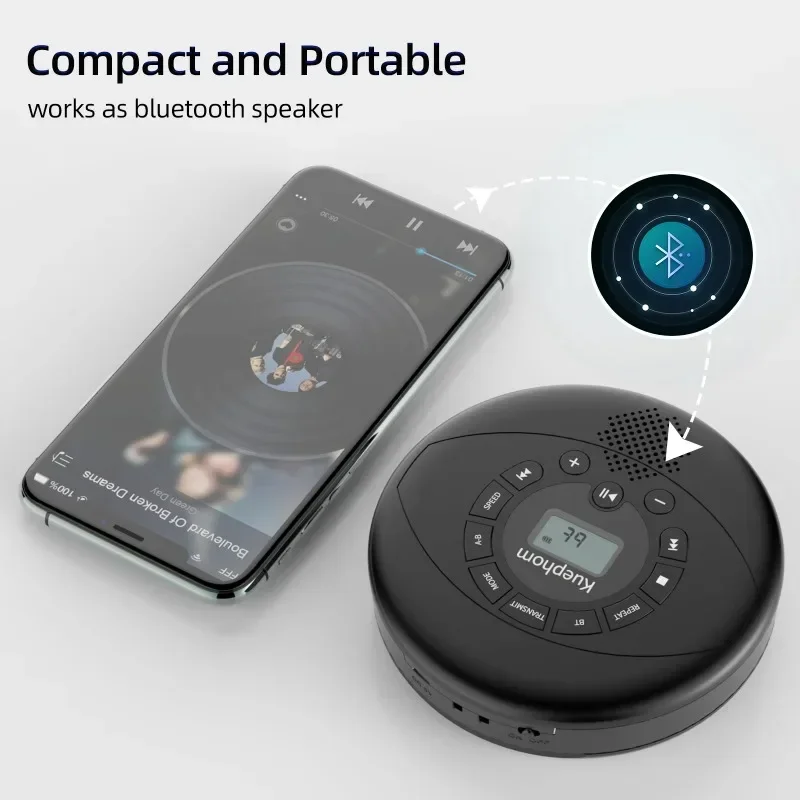 휴대용 CD 플레이어 블루투스 CD 워크맨, 충전식 CD 플레이어, USB, AUX, 헤드폰 포트 내장 스피커
