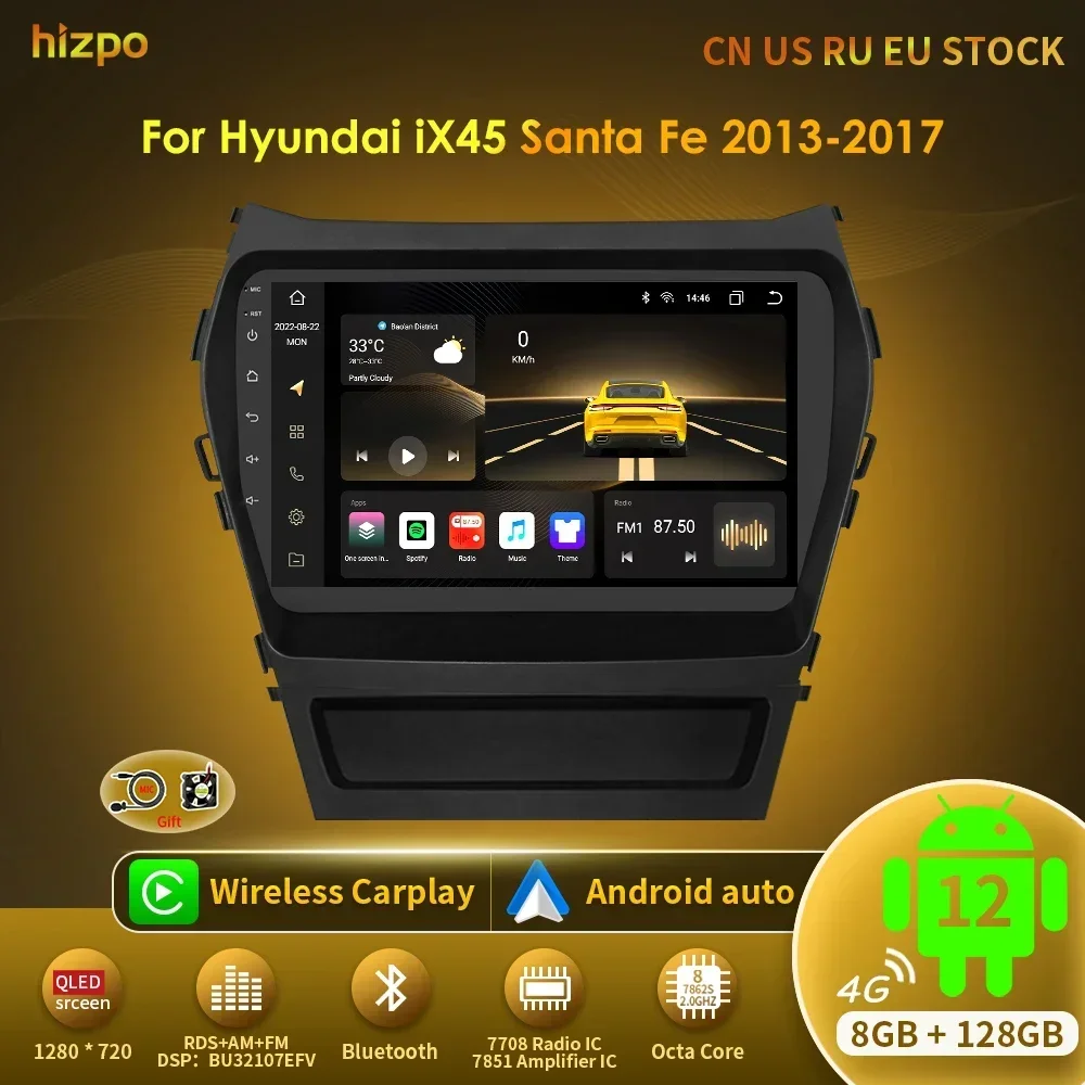 Autoradio Android 15 Per Hyundai IX45 Santa Fe 2012-2017 | 9 Pollici IPS 6+128GB GPS DAB+ WiFi Camera Posteriore
