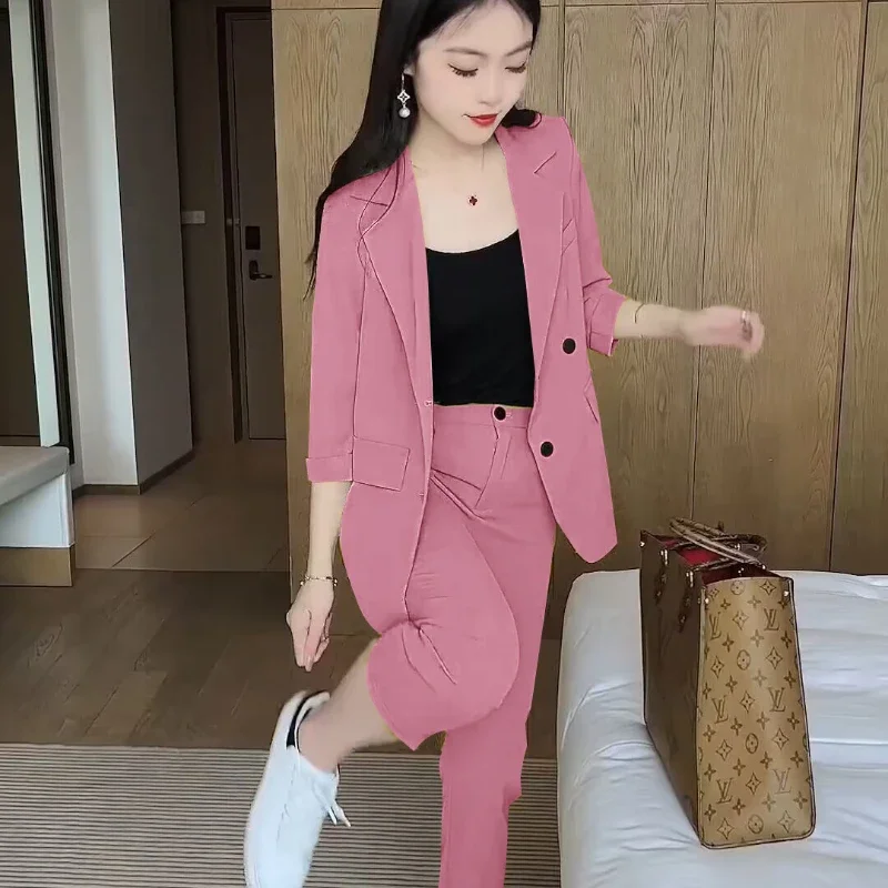 DAYIFUN Spring Autumn Thin Solid Suit Lady Splicing Design Blazer+Straight Calf-length Pants 2-piece Sets Loose Casual Suit 2024