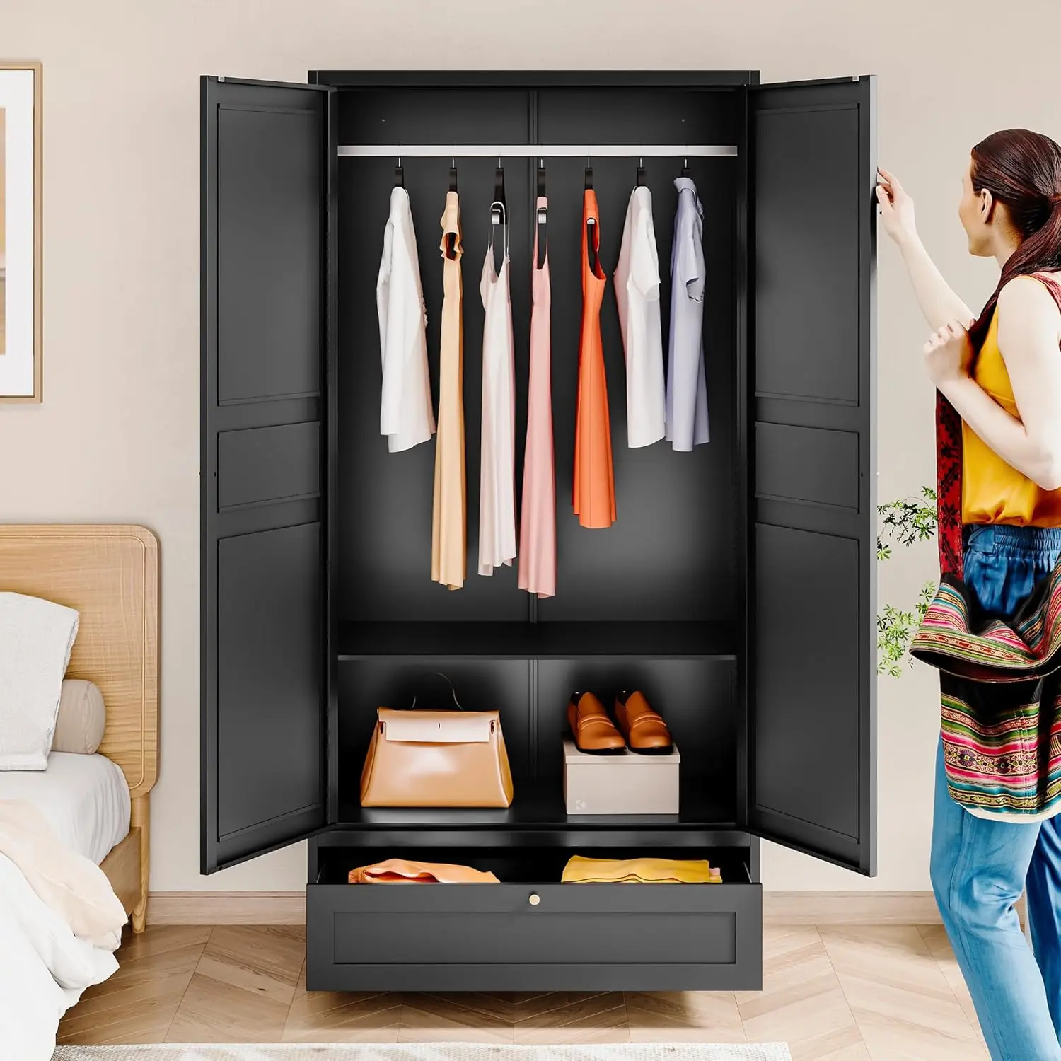 Metal Armoire Wardrobe Closet with 2 Doors 72''Wardrobe Cabinet with Drawers & Hanging Rail Metal Closet with Adjustable Shelves 4