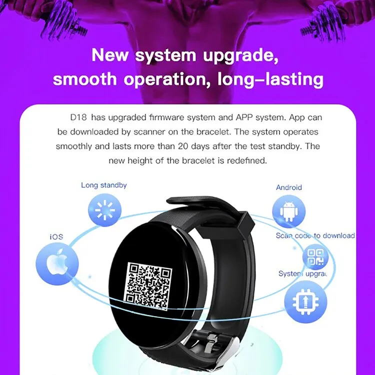 Smart Watch D18 Upgrade Men Women Smartwatch Bracelet Heart Rate Blood Pressure Fitness Tracker Sport Smartband For IOS Android