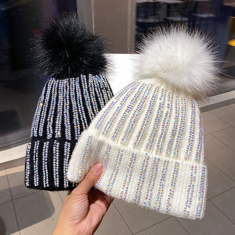 Mao Qiu Shui Diamond Striped Knitted Hat Plush Autumn Winter Woolen Hat Korean Outdoor Headband