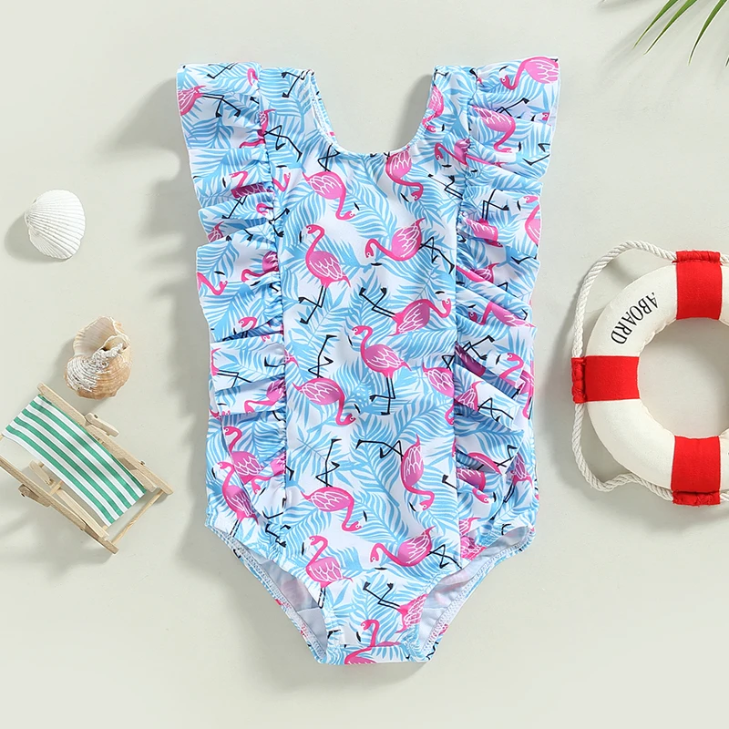 

Toddler Baby Girls Summer Bikini Jumpsuit Cartoon Dinosaur/Flamingo/Leaf Print Ruffled Sleeveless Round Neck Swimsuit
