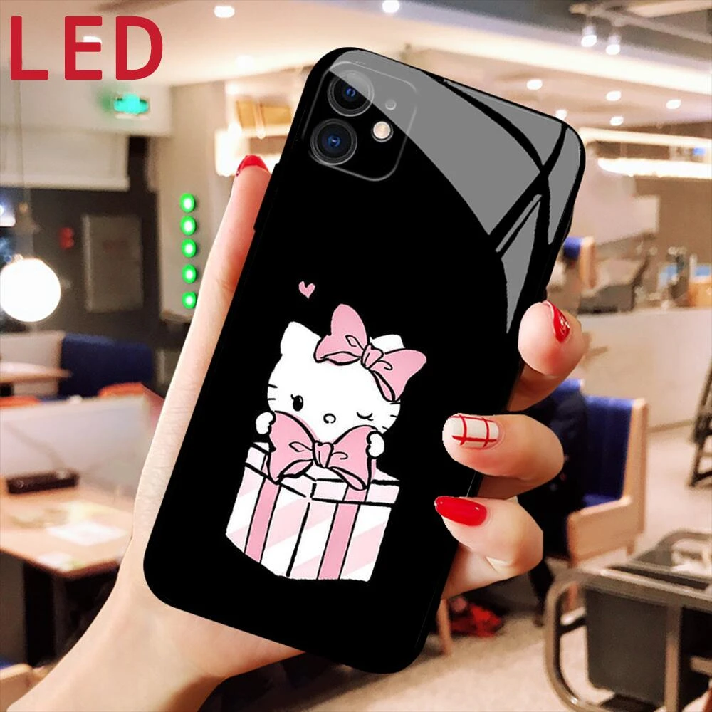 HelloKitty cartoon Luxury LED Glass phone Case For IPhone 13 12 11 Pro Max Mini SE XS  Max Voice controlled flashing cover phone cases for iphone 12 mini 