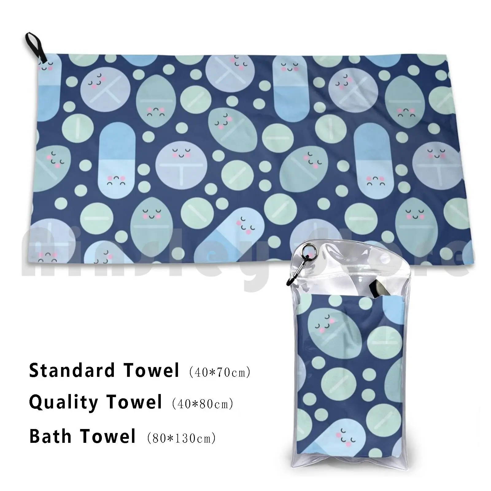 Blue Happy Pills Pattern Asciugamano Personalizzato Asciugamano Da Bagno Pillole Pillole Farmaco Farmacia Farmacia Farmacia Scuola
