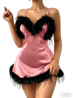 Nouvelle Robe de Nuit Sexy à Col en V avec Bordure en Plumes pour Femmes, Pyjama Élégant à la Mode, Jupe Courte Unie pour la Maison et les Soirées 6