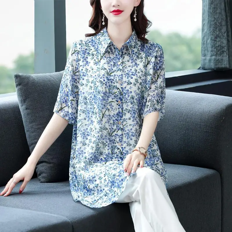 Summer New POLO Collar Fashion Half Sleeve Shirt Women High Street Casual Loose Button Cardigan Elegant Printing Mid-length Tops
