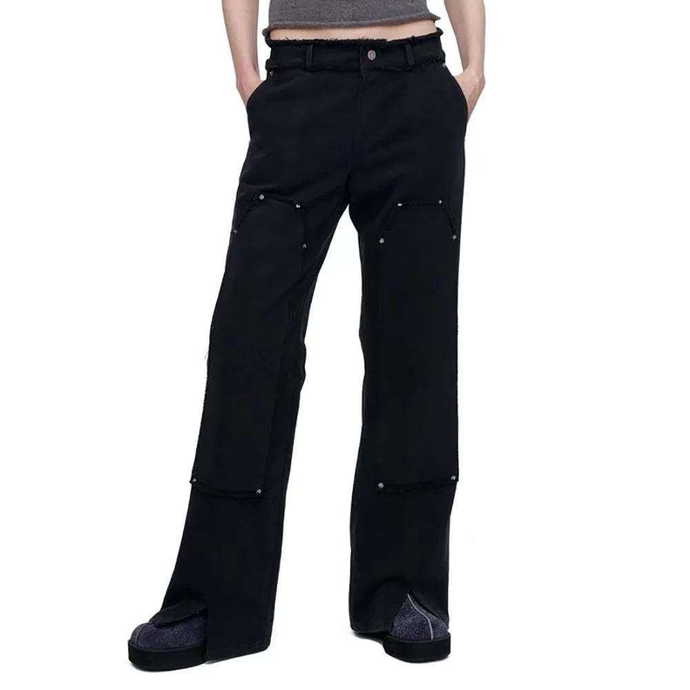 

2024 Spring And Summer New Women's Pants Y2k Metal Rivet Patch Decoration Raw Edge High Waist Cotton Straight Pants With Belt