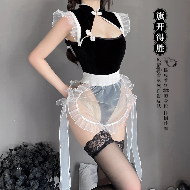 

2022 New Sexy Elegance Chinese Style Cheongsam Lingerie Set Classical Miad Uniform Temptation Bandage Apron Erotic Underwear Set
