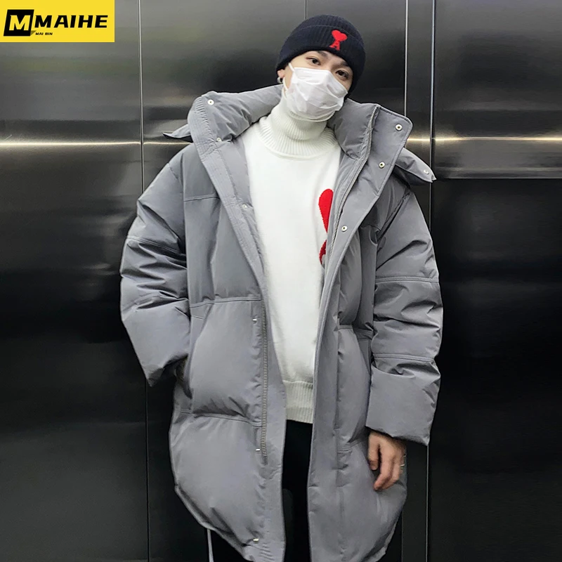 

2024 New Down Jacket Men's Winter South Korea Fashion Lightweight Hooded White Duck Down Warm Coat Couples Long Knee Down Jacket