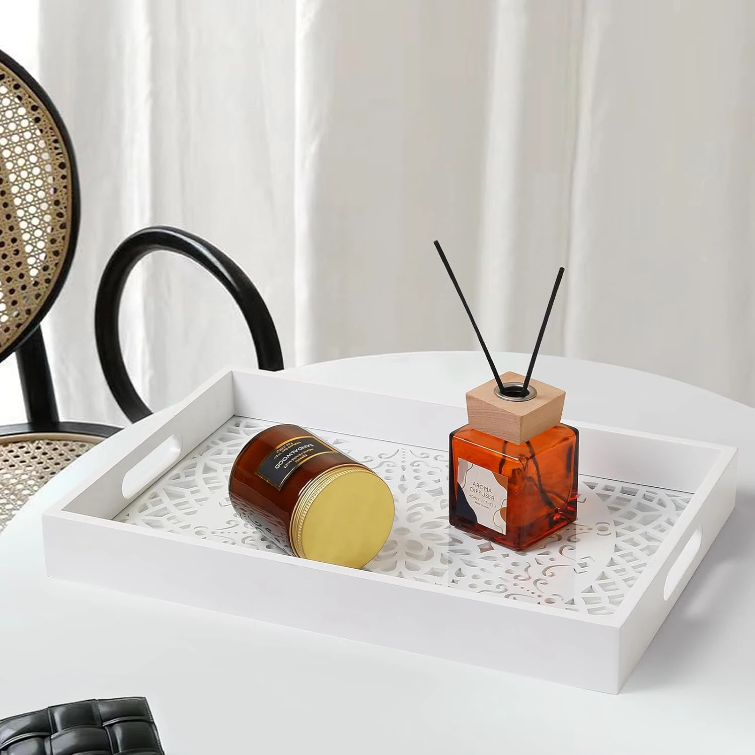 Wood Rectangle Tray with Handles Bohomian Style Coffee Table Tray Ottoman Candles Perfume for Home Decoration