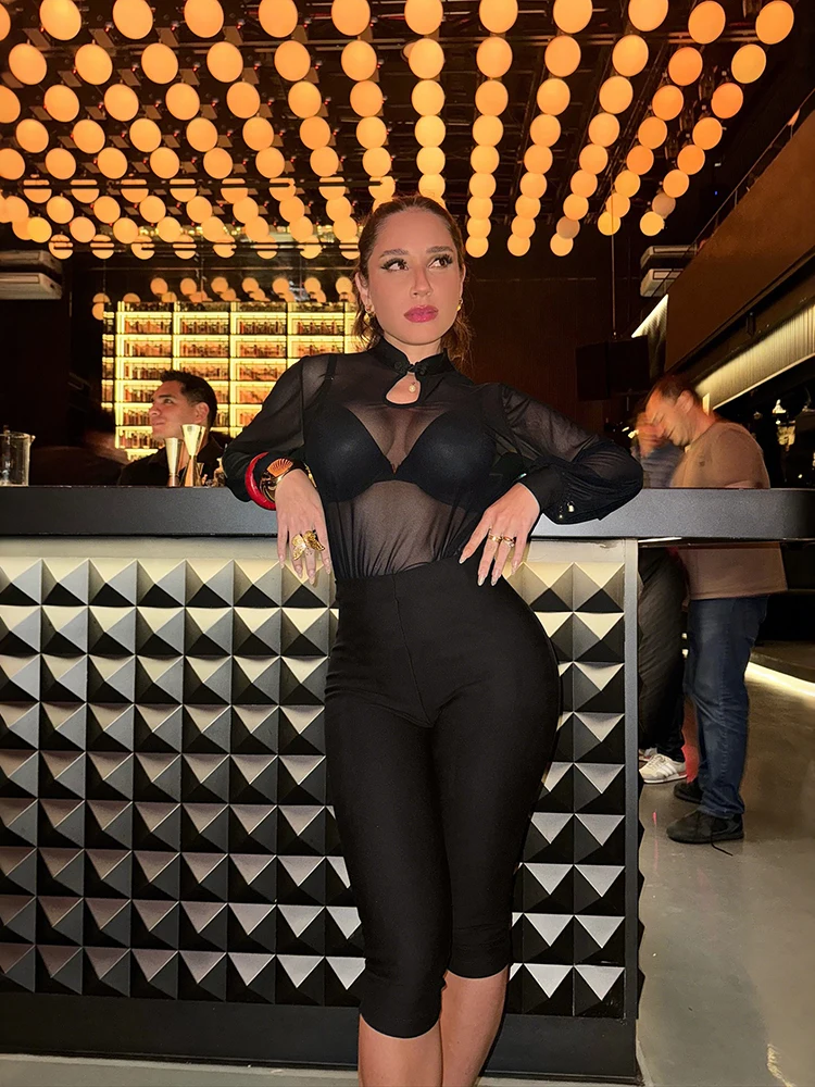 Nibber Sexy 2-Piece Set Women Stand Collar Patchwork See Through Hollow Frog Button Top+Elastic Waist Short Midnight Suits