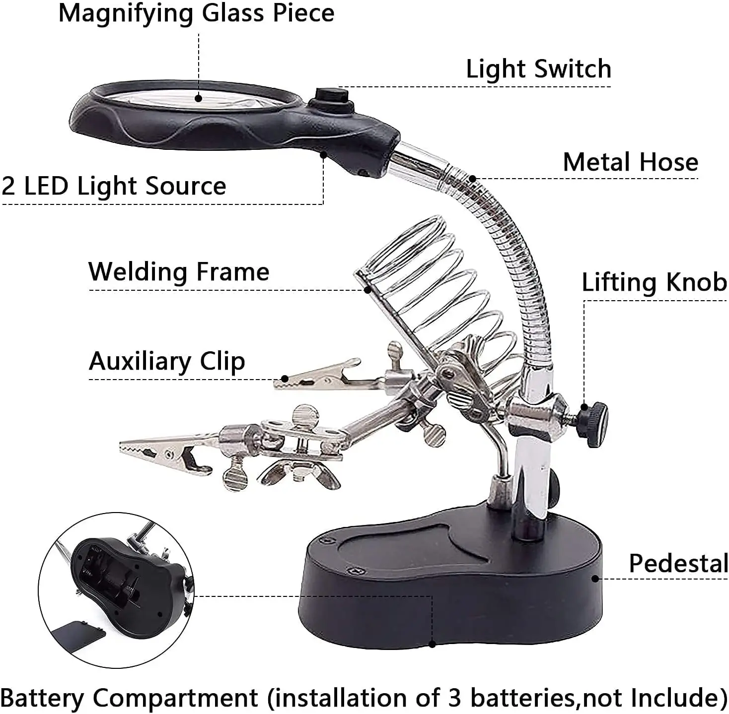 Desktop Magnifying Glass Soldering Station Adjustable Helping Hands 3.5X 12X Magnifier with LED Light and Alligator Clips