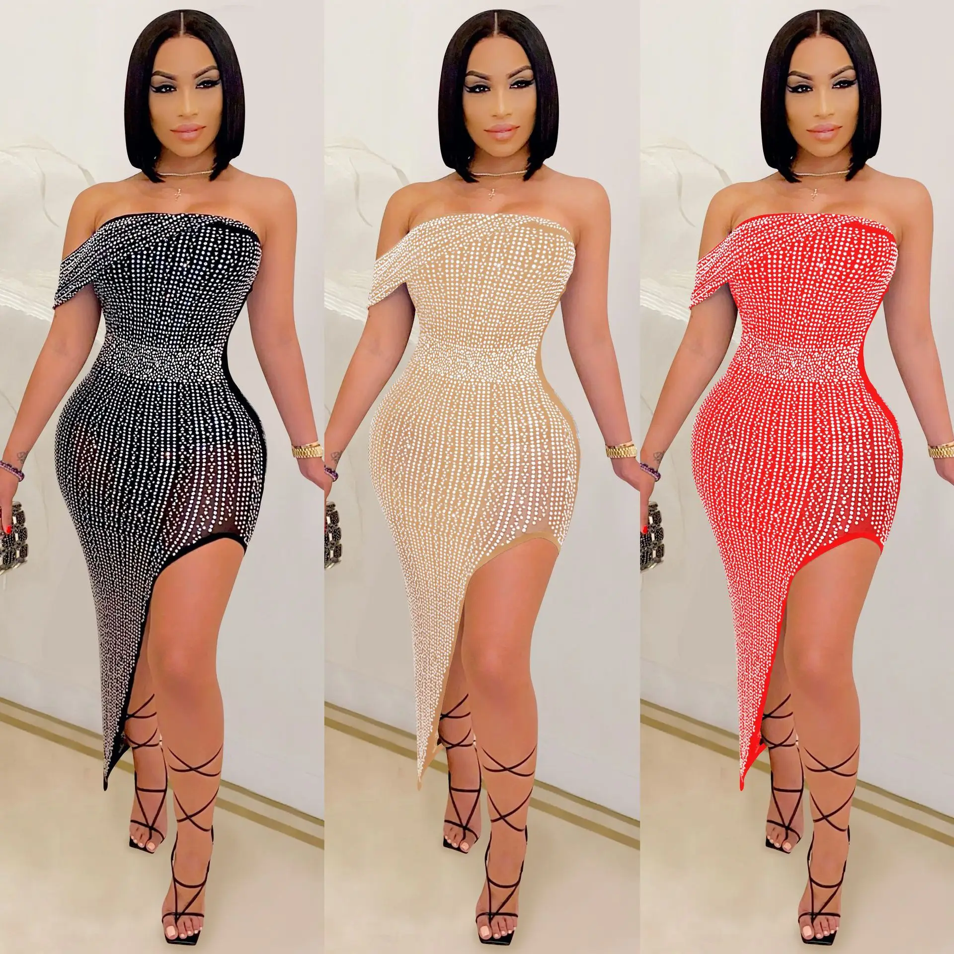 

Party Gathering Club Nightclub Evening Gown Hot Drill Mesh Wrap Irregular Women's Dresses