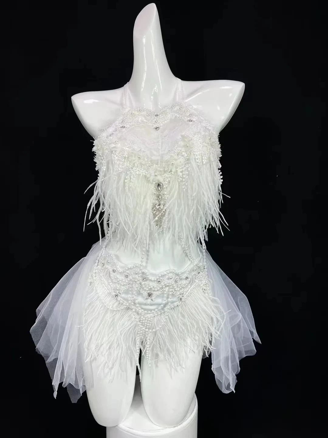 Sexy Club Nightclub DJ Gogo Party Rave Outfit Dancer Stage Performance Costume Black White Feather Beads Tops Mesh Skirt