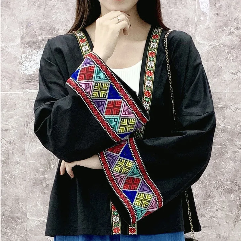 에스닉 스타일 짧은 여성 자수 가디건, 루즈 긴팔 코튼 린넨 패션, 중국 빈티지 재킷, 봄 신상 2022