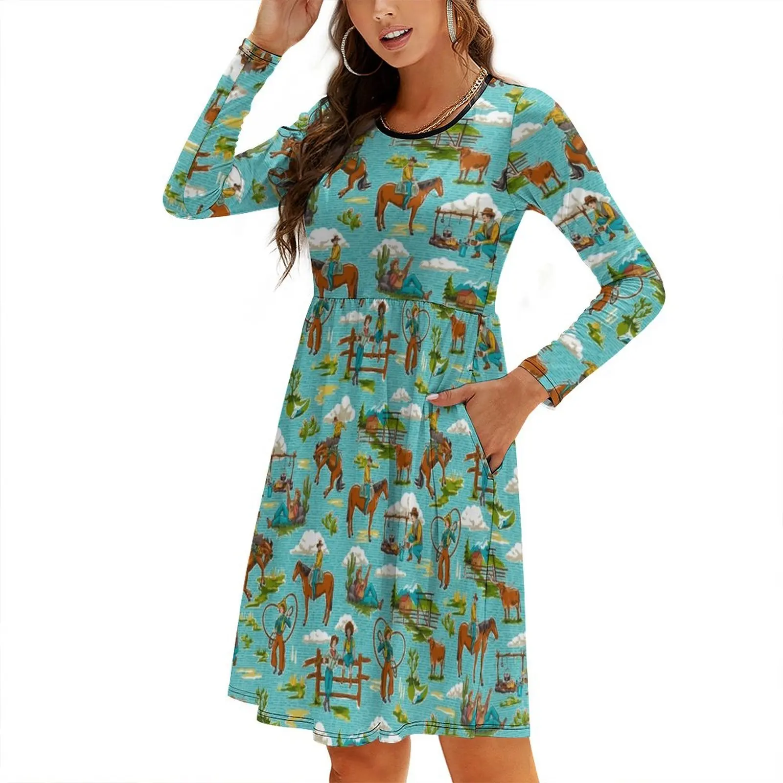 

Retro Out West Cowboy and Cowgirl Pattern in Bright Blue Round Neck Baggy Dress luxury woman party dress