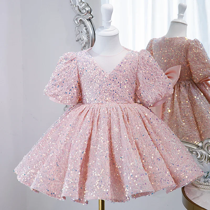 Robe de soirée à fleurs pour filles, tenue de Rhpour enfants, rose, paillettes, cérémonie d'anniversaire