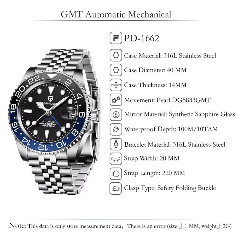 PAGANI DESIGN 40MM Men Mechanical Wristwatch Stainless Steel GMT Watch Top Brand Sapphire Glass Waterproof Automatic Watches Men - Image 6