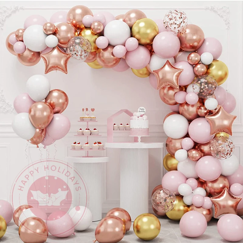 

140pcs/Set Rose Gold Balloon Wreath Arch Set With Pink Gold White Balloons Suitable For Graduation Baby Birthday Decoration
