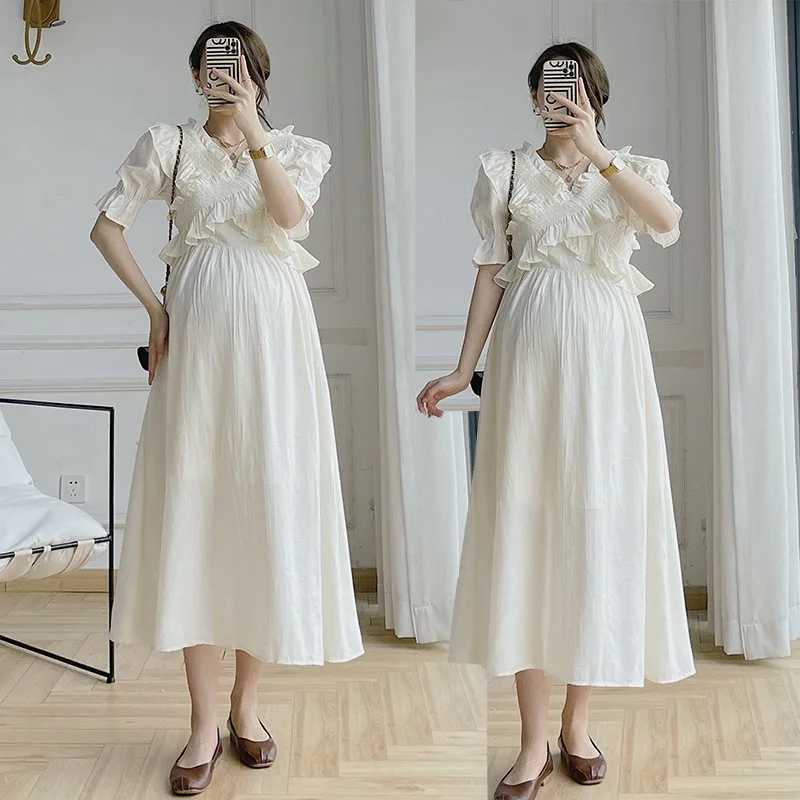 

Beige Ruffle Maternity Dress Short Sleeve Pregnant Woman Gown Dress Summer V-neck Pregnancy Long Vestidos