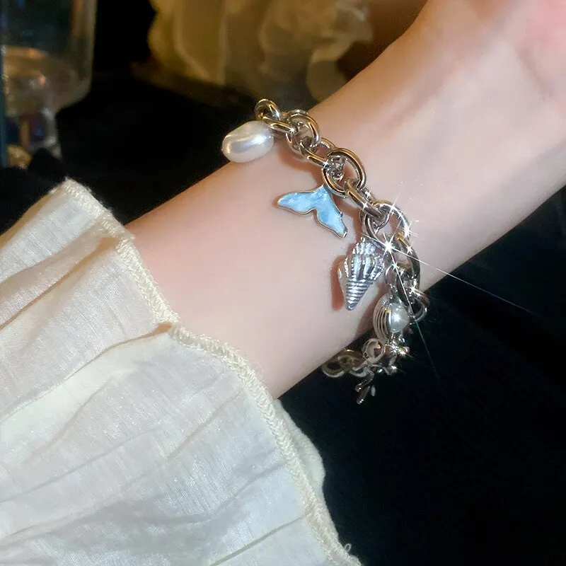 Pulseira feminina com pingente de estrela-do-mar, concha e pérola de imitação, corrente dourada, estilo bracelete, joia para o verão na praia._voghion.com