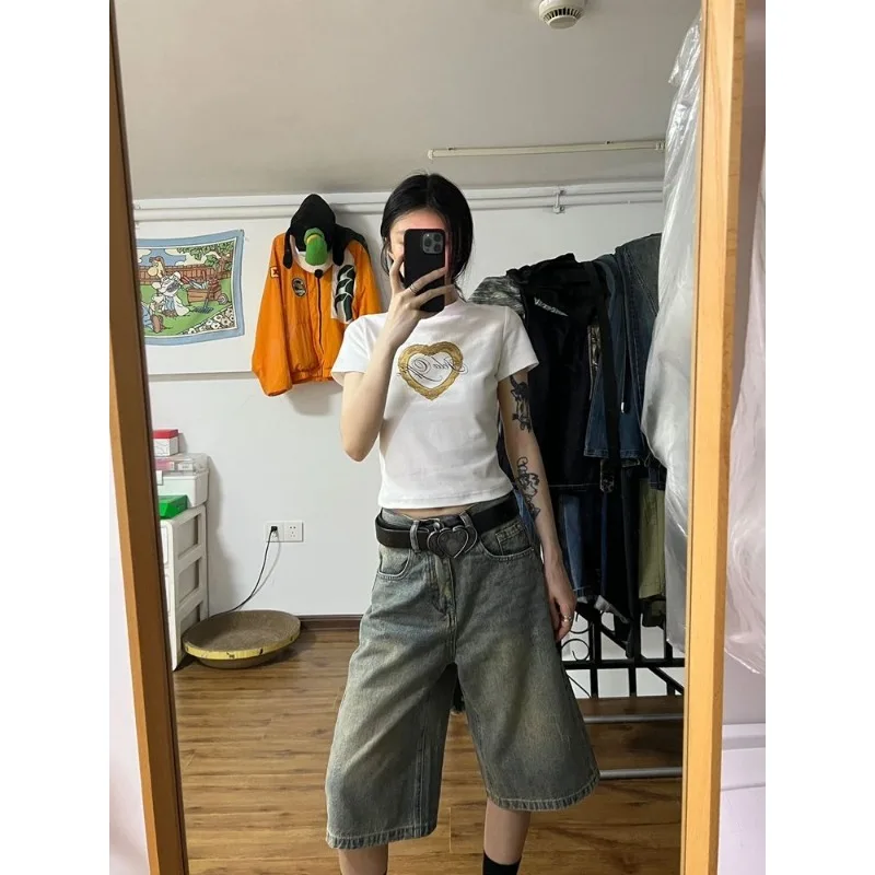 Deeptown Vintage Oversized Short Jeans Women High Waist Straight Jorts Y2k Hip Hop Causal Summer Denim Trousers Harajuku Gyaru