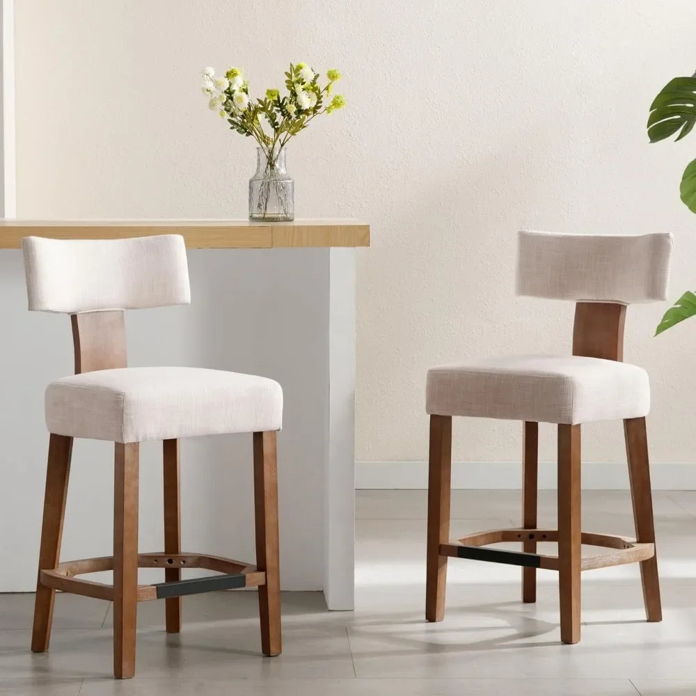 26&rdquo; Set of 2 Modern Kitchen Bar Stools with Back and Solid Wood Legs, Farmhouse Upholstered Island Stools Countertop Bar Chairs