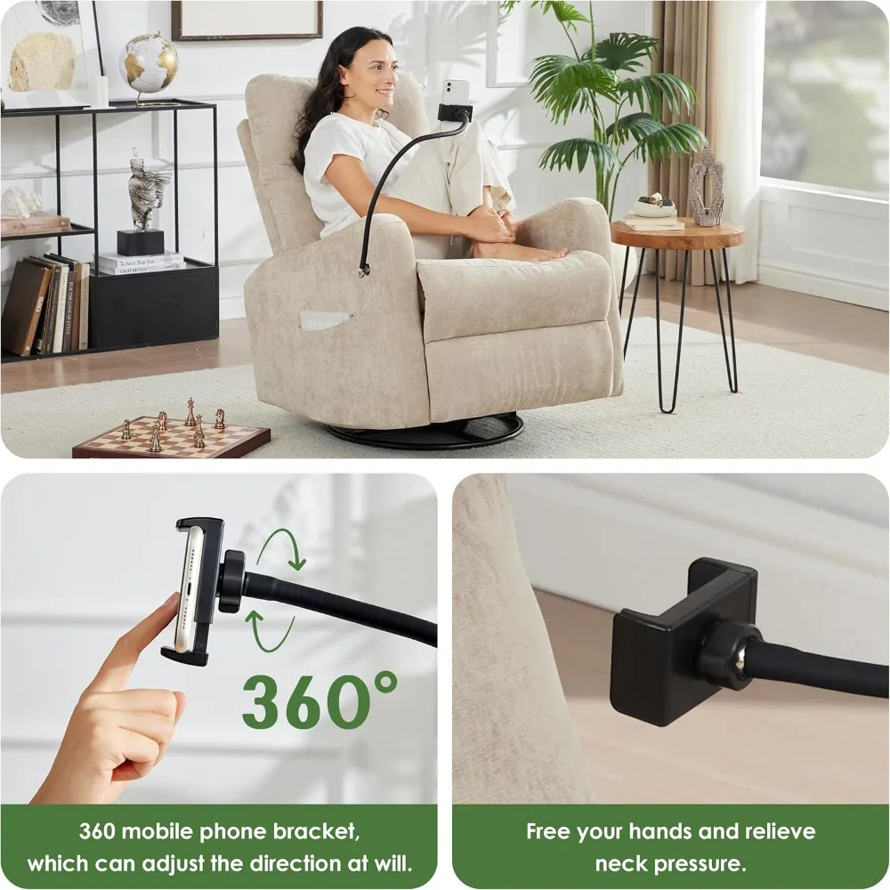 Oversized Fabric Recliner Chair with Phone Holder, Swivel Rocking Chair Reclining, with Lumbar Support, Beige Children's Sofas 2