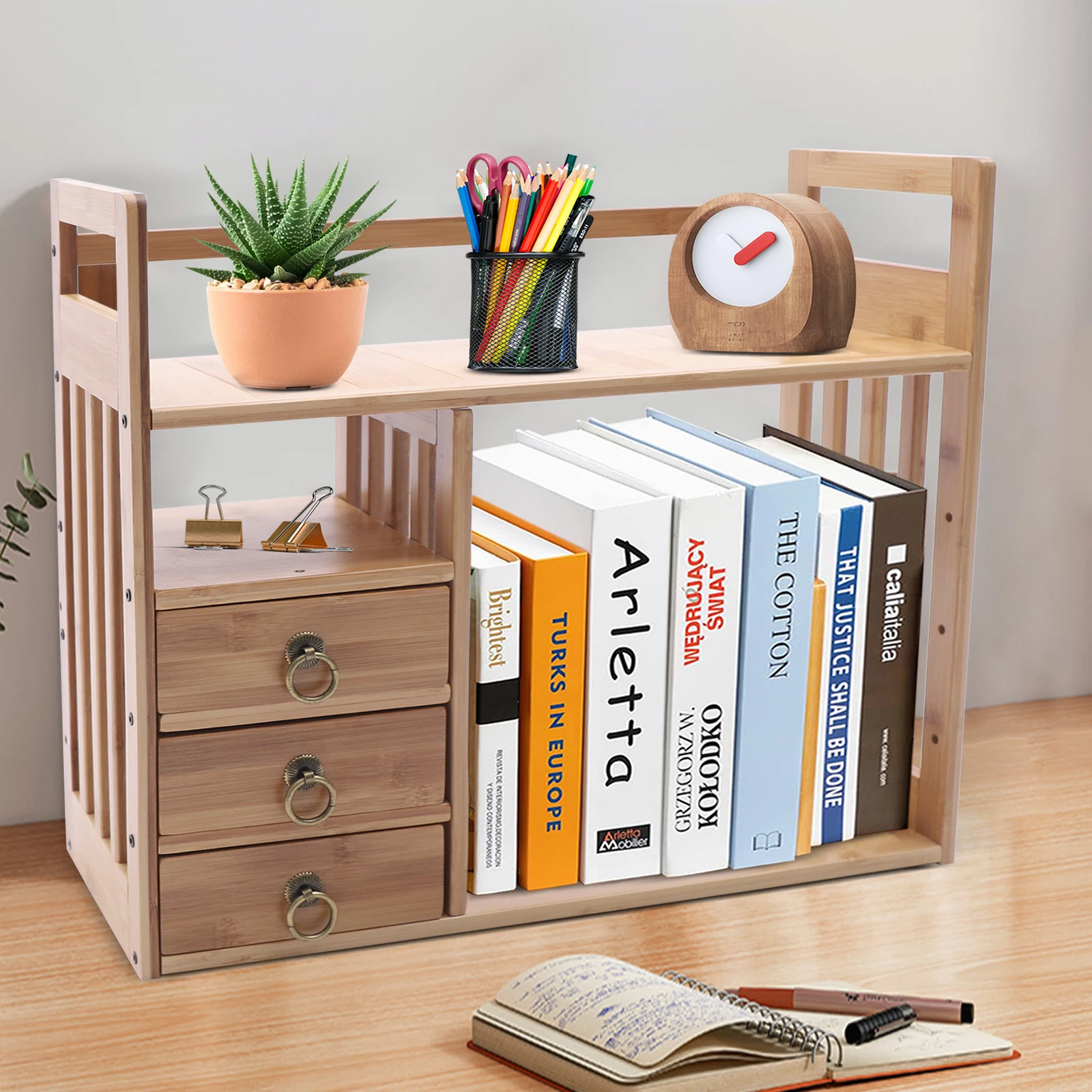 

Large Capacity Desk Organizer Shelf Storage Rack with 3 Drawers Office Bamboo Desktop Bookshel