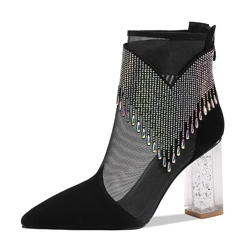 Rubber Soled Dance Boots Women 2025 Spring Pointy Rhine-diamond Tassel High Heel Mesh Latin Jazz Modern Dance Shoes Stage Show 6