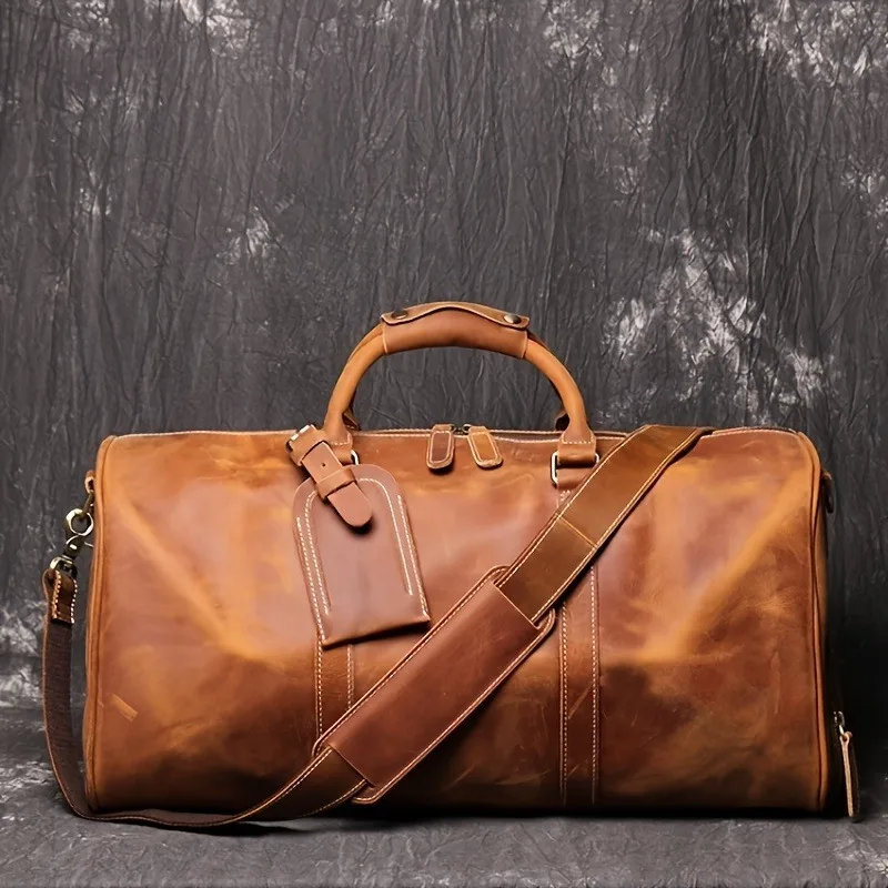 Genuine Leather Duffel Bag Vintage Style Large Capacity Luggage Travel Bag with Shoe Compartment Detachable Shoulder Strap Brown