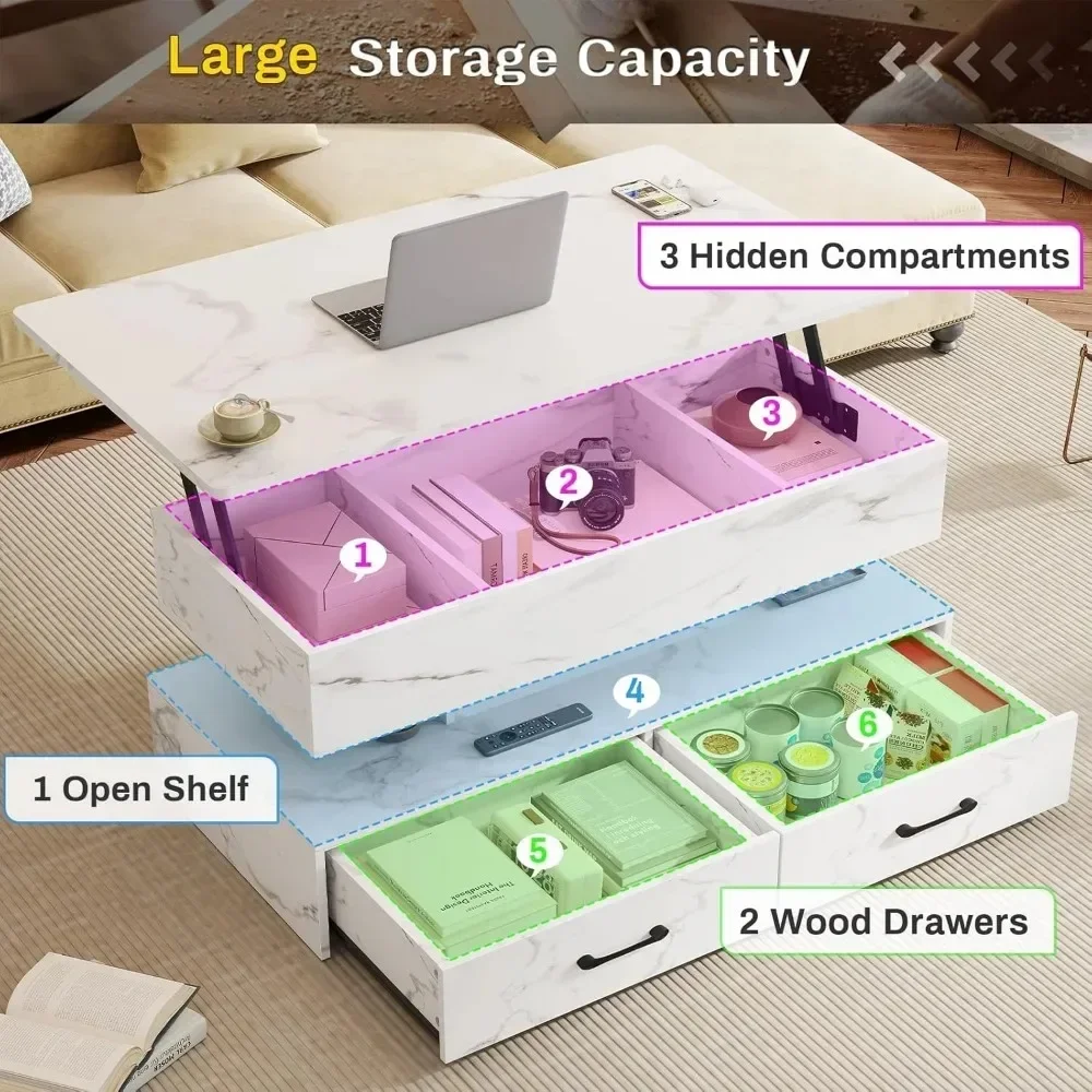 40 Inch Lift Coffee Table, Living Room Coffee Table with Storage, Small Coffee Table with 2 Drawers and LED Light