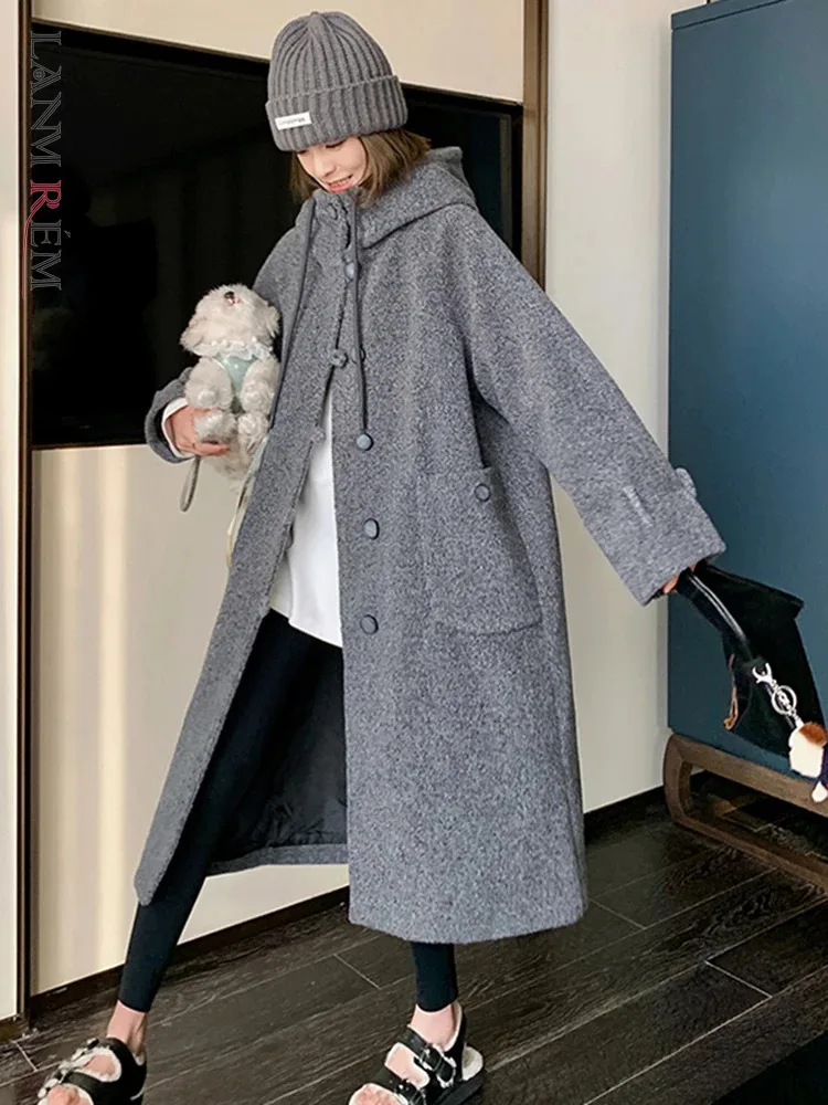 

LANMREM Winter Warm Gray Long Coat Women Hooded Pockets Loose Fashion Solid Clothing Korean Style Female 2023 New 2AA3779