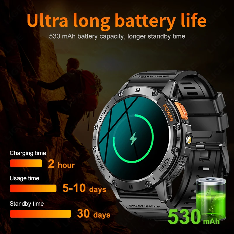 LIGE 530mah Large Battery Ourdoor Smartwatch Men BT Call Sports Fitness Bracelet With Flashlight AMOLED Waterproof Smart Watches