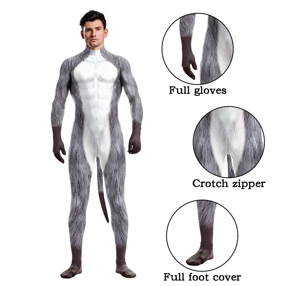 thumbnail image 1 of Trajes de Halloween de Zawaland Zentai con cola de animal Husky zorro lobo estampado Catsuit disfraces traje de cobertura completa Cosplay Petsuit, 1 of 5