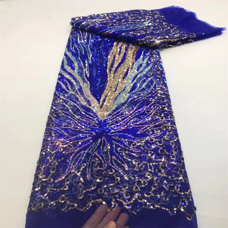 

Blue/Gold Elegant African Sequins Lace Fabric, Nigerian Sequins, French Embroidery, Tulle Lace Fabric, Couture Material, 2024