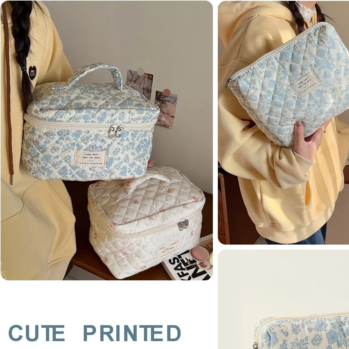 YANZAI 3 Pcs Cotton Quilted Makeup Bag Set, Floral Cotton Cosmetic Bag, Aesthetic Women's Large Capacity Toiletry Organizer 5