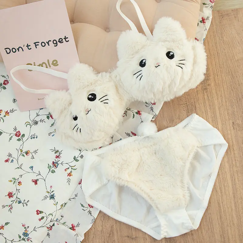 

Japanese Kawaii Plush Women Bra Set Cute Girl Cat Comfortable Bra Set Cartoon Underwear Lovely Soft Student Lingerie