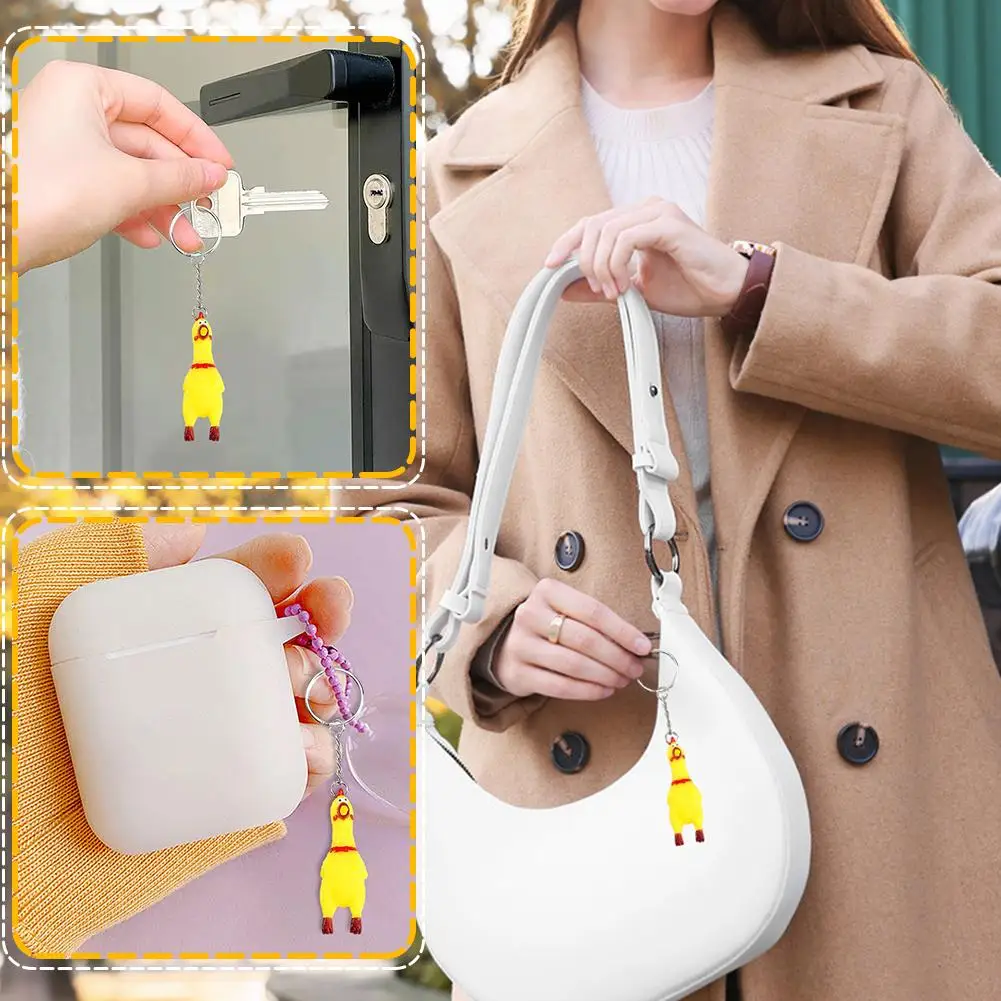 Yellow Rubber Squeeze Screaming Chicken Keychain Toy