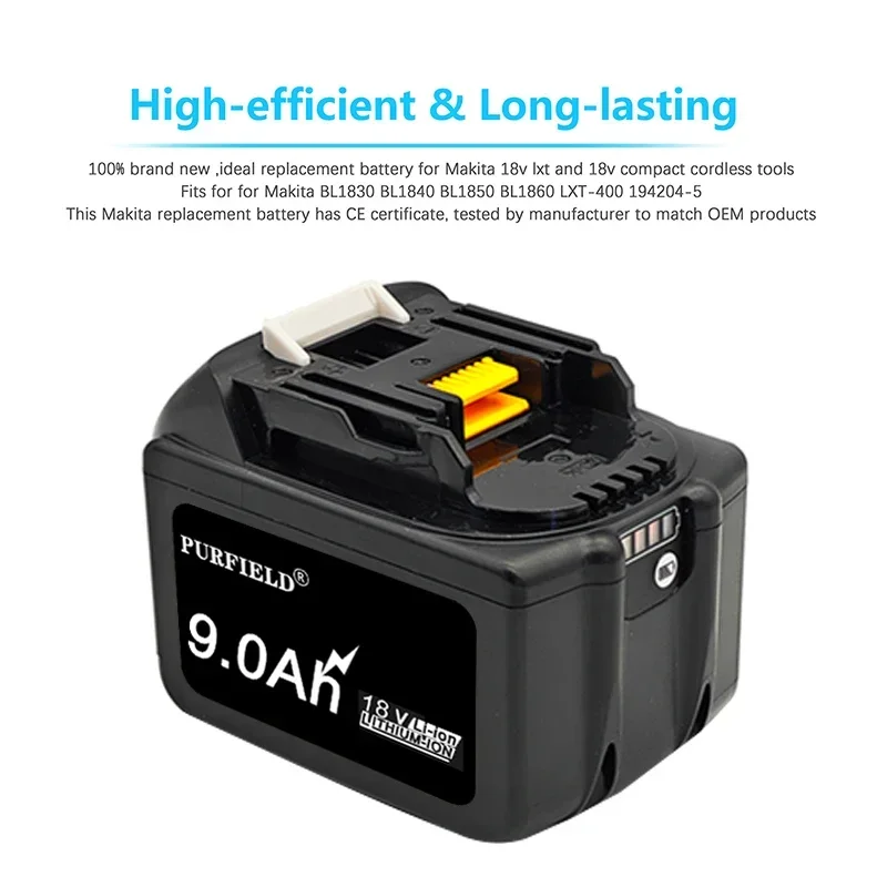 Purfield-bateria Recarregável e Carregador para Makita 18v 9.0ah Bl1830 9000mah Bl1840 Bl1850 Bl1860 Bl1860b Ferramentas - Image 2