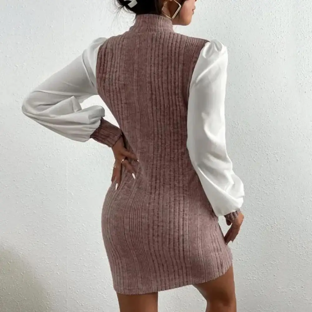 

Lightweight Fabric Dress Spring Women's High Collar Patchwork Dress Slim Fit Ribbed Long Sleeve Sheath with Contrast for Commute