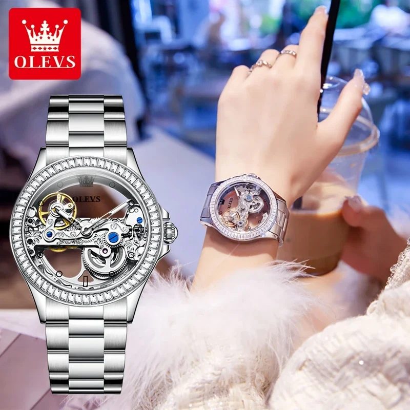 3Pcs/Set OLEVS 6699 Transparent Women Mechanical Watches Luxury Automatic Movement Stainless Steel Waterproof Hollow Watch Woman 2