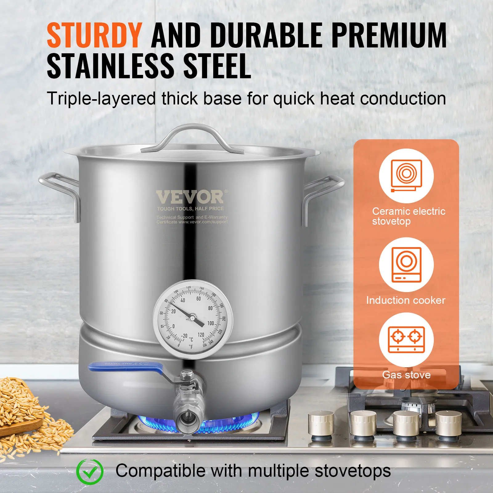 VEVOR Stainless Steel Kettle,5Gal Brewing Pot,Tri Ply Bottom for Beer,Brew Kettle Pot,Home Brewing Supplies Includes Thermometer