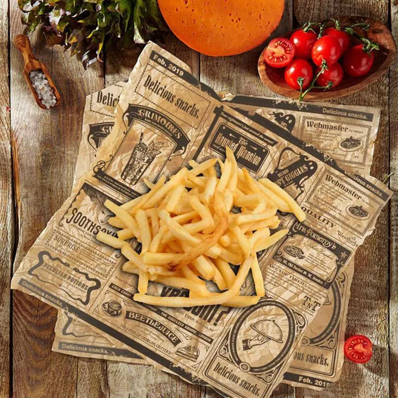 ABYP 400Pcs English Newspaper Greaseproof Paper Snack Paper Oil-Absorbent French Fries Sandwich Wrapping Paper, Yellow