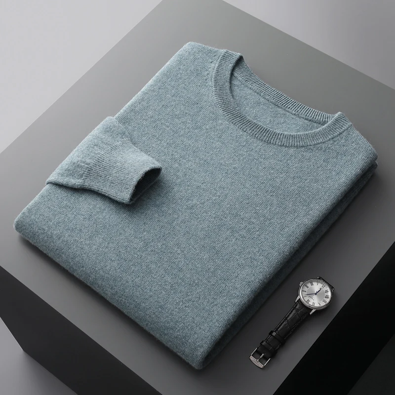 Men's 100% pure wool autumn and winter round neck loose warm sweater solid color fashion full knit bottoming shirt.