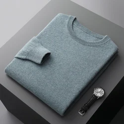 Men's 100% pure wool autumn and winter round neck loose warm sweater solid color fashion full knit bottoming shirt.