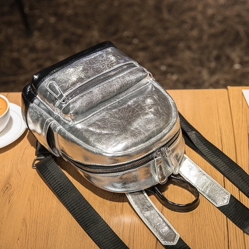 Small Silver Backpack for Women 2024 New Fashion Texture Women's Handheld Book Bag Versatile Soft Leather Backpack 4
